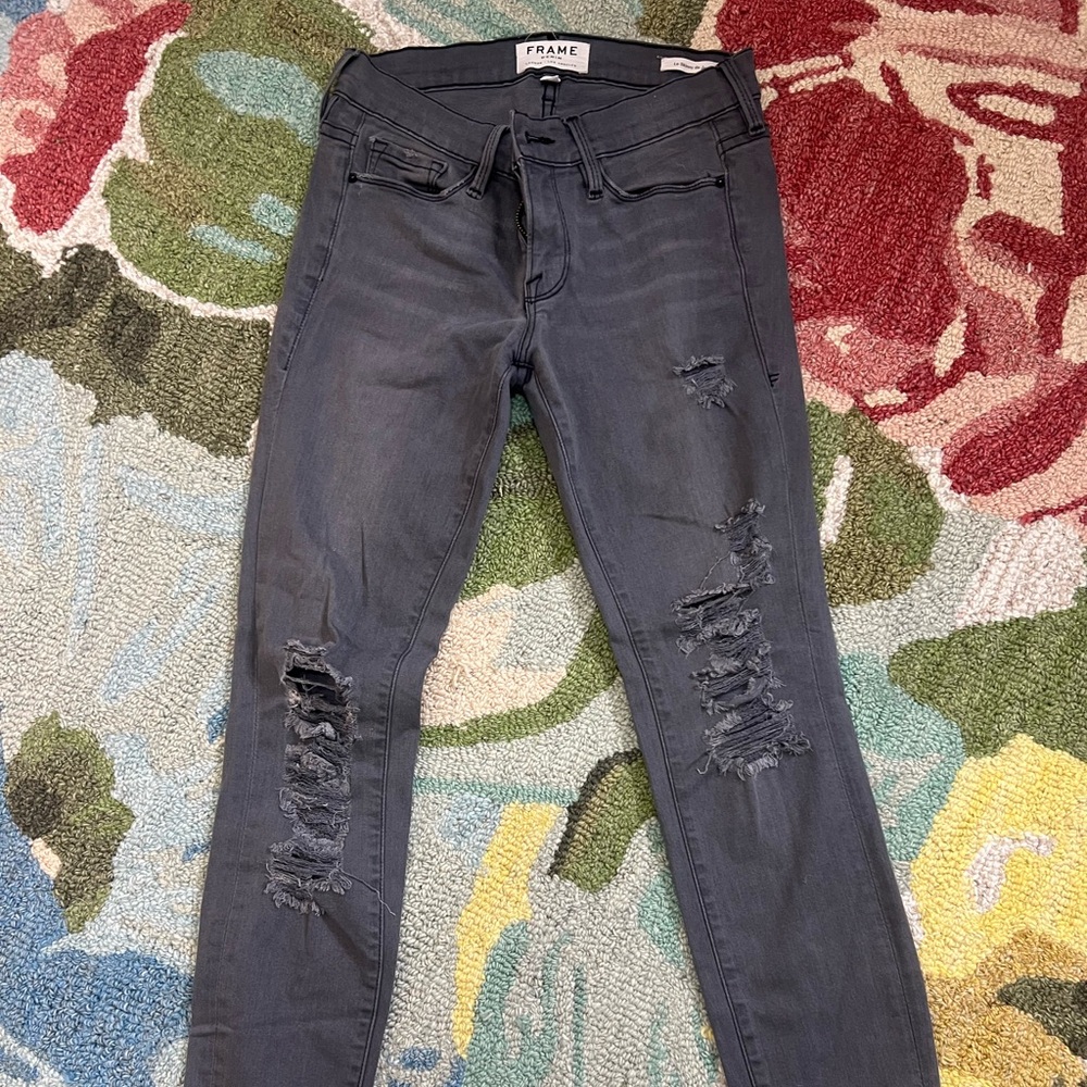 Frame Denim Charcoal Gray Ripped Skinny Jeans
